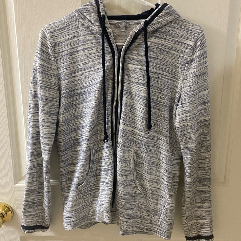 Talbots Women's Blue and White Heathered Stripe Zip up hooded Sweatshirt- Size S